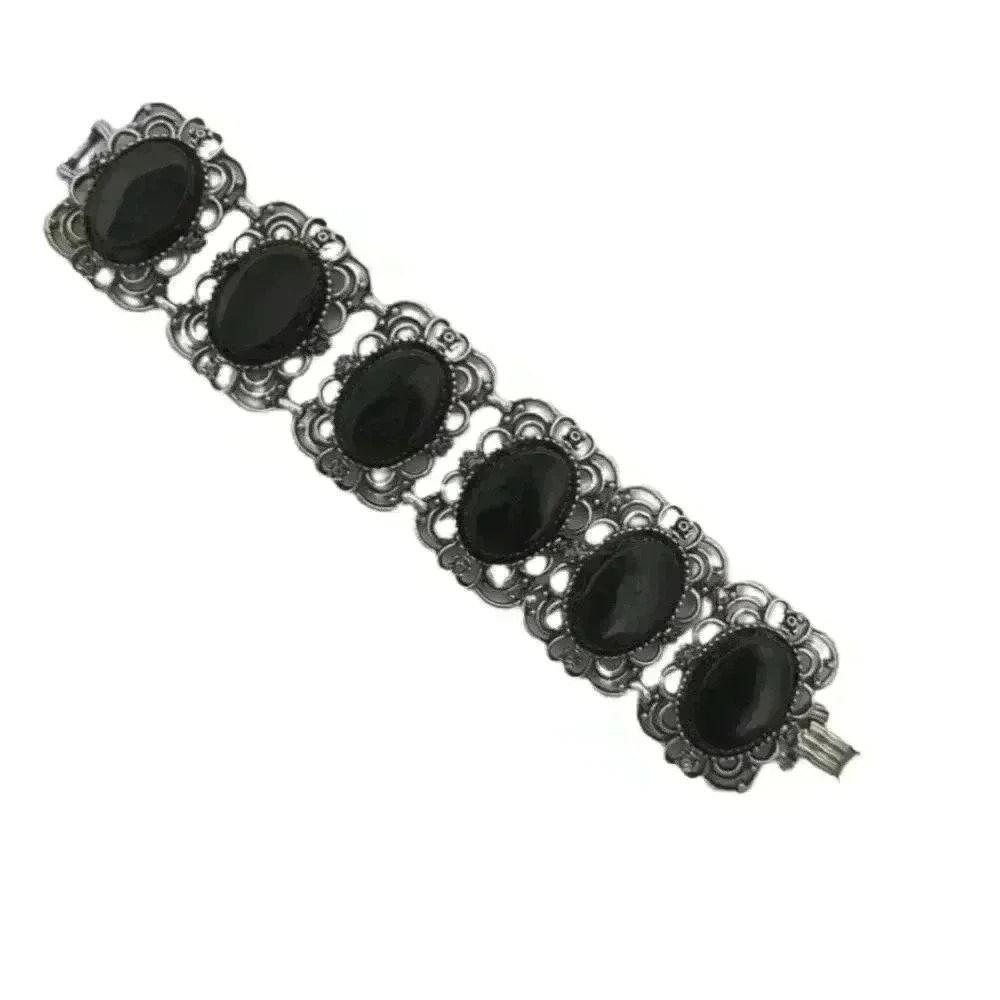 Vintage Emmons silver toned black Cobochons glass filigree bracelet Gothic